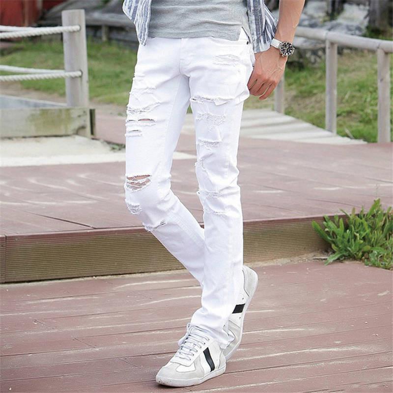 Destroyed Torn White Ripped Men Jeans